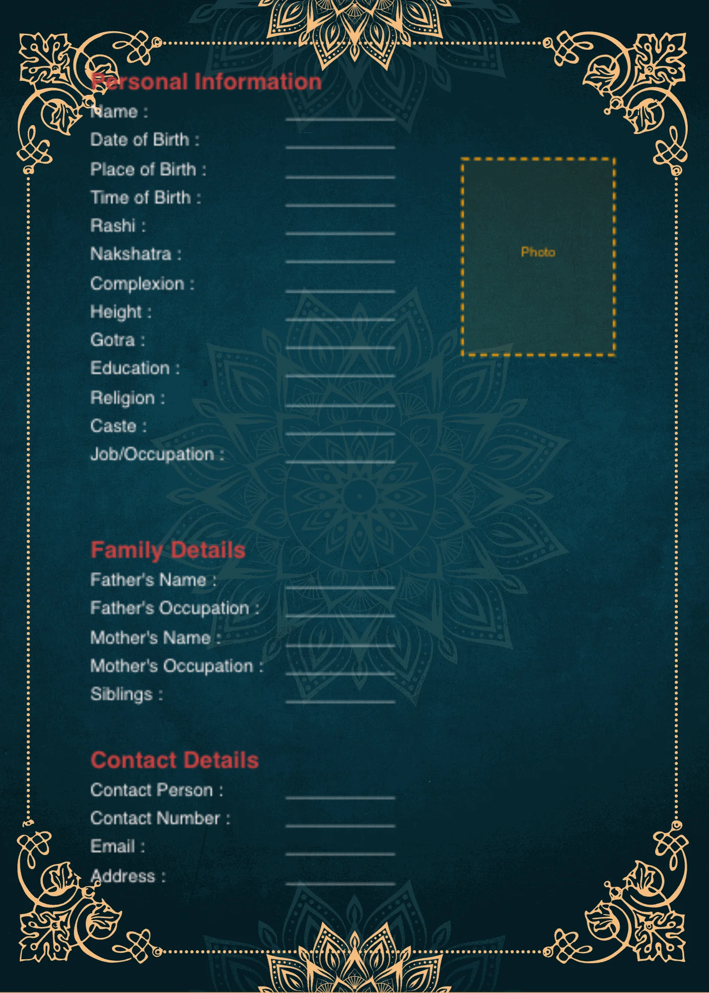 Royal Green Gold Floral Marriage Biodata