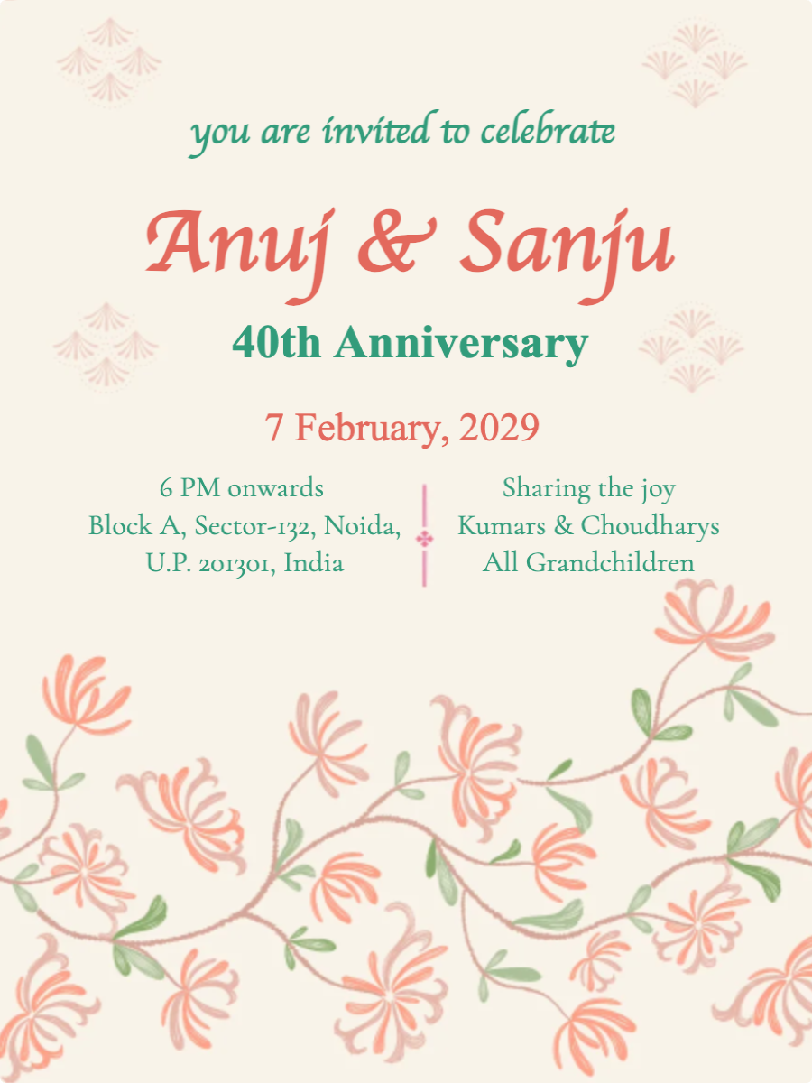 Coral and Green Anniversary Invitation